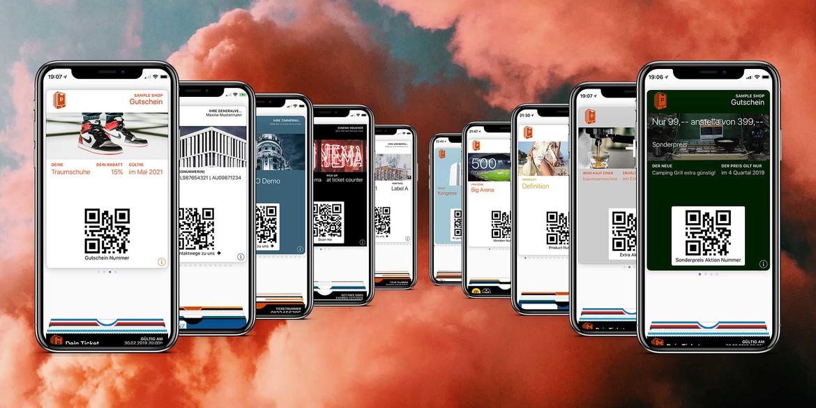 smartphones with various coupons and digital tickets, each equipped with a QR code within the app. The screen wallpapers show different designs including sneakers, a bridge, and gift boxes. The phones are placed against a dramatic background of red and orange clouds, highlighting their digital passage feature.